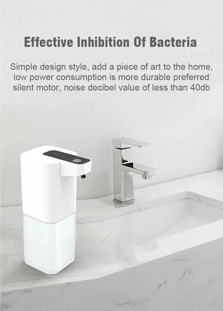 Automatic touchless liquid soap dispenser in white with infrared sensor on a marble bathroom counter