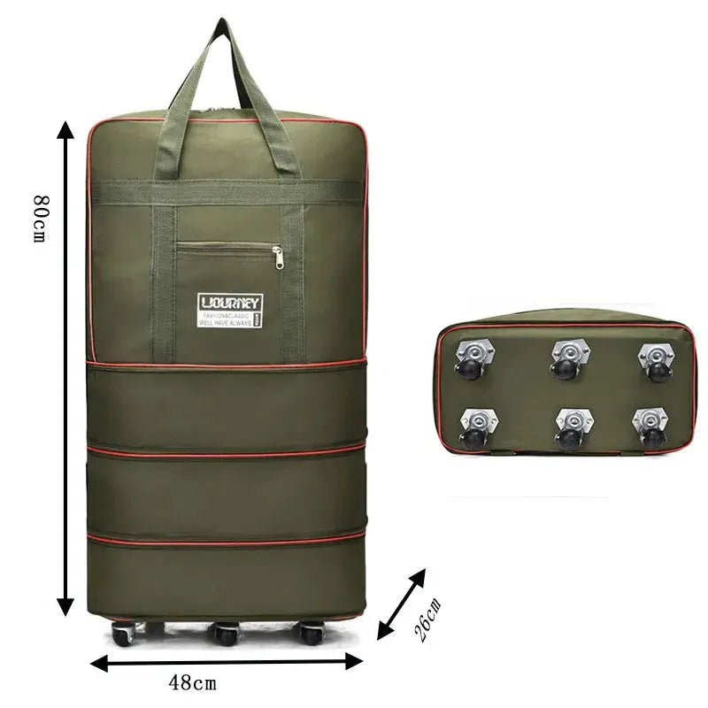 Simples Market folding travel bag with wheels; olive green, large-capacity luggage on rollers