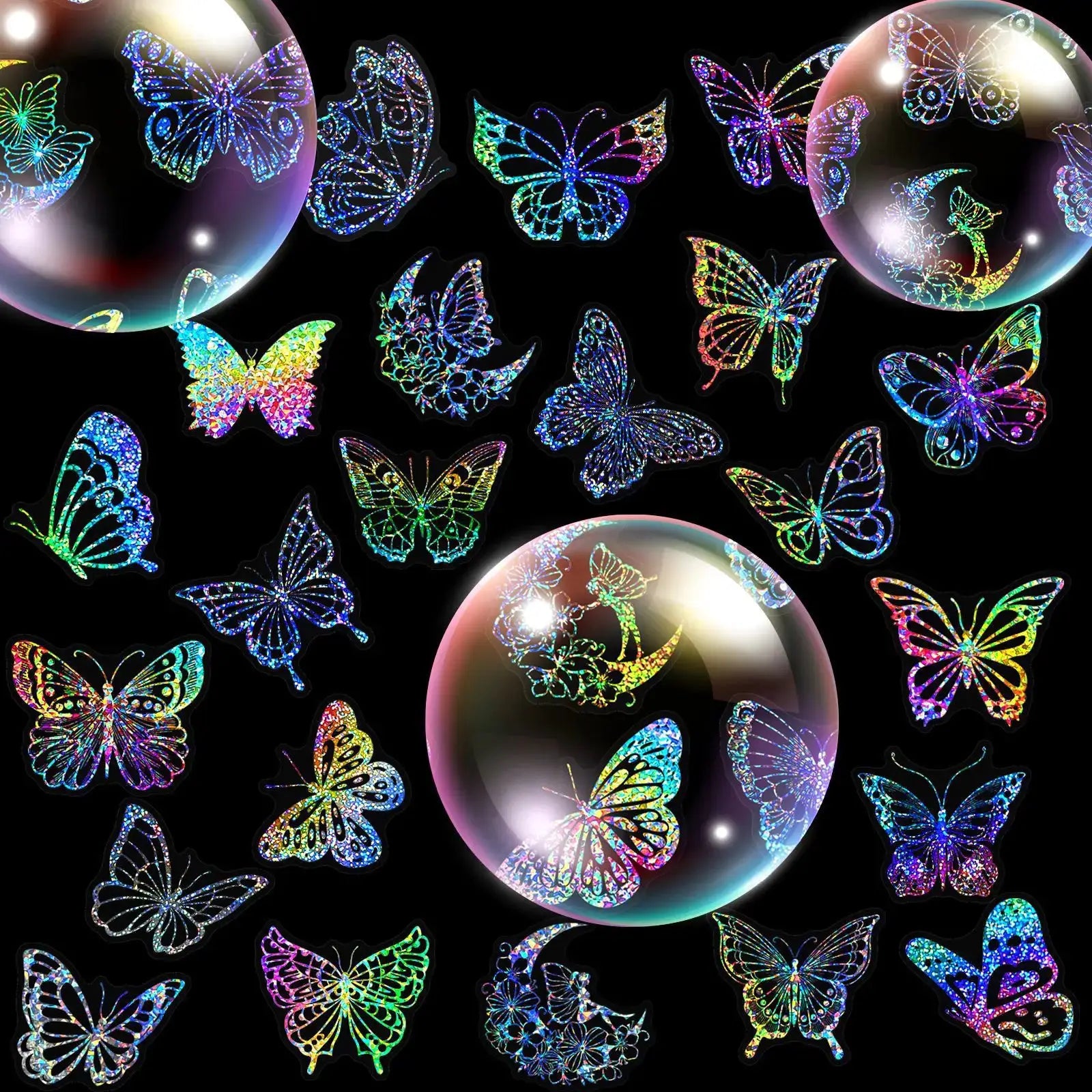 100 Pack Transparent Butterfly Laser Stickers Holographic PET For Laptop Water Bottles And Helmet Creative Retro Design