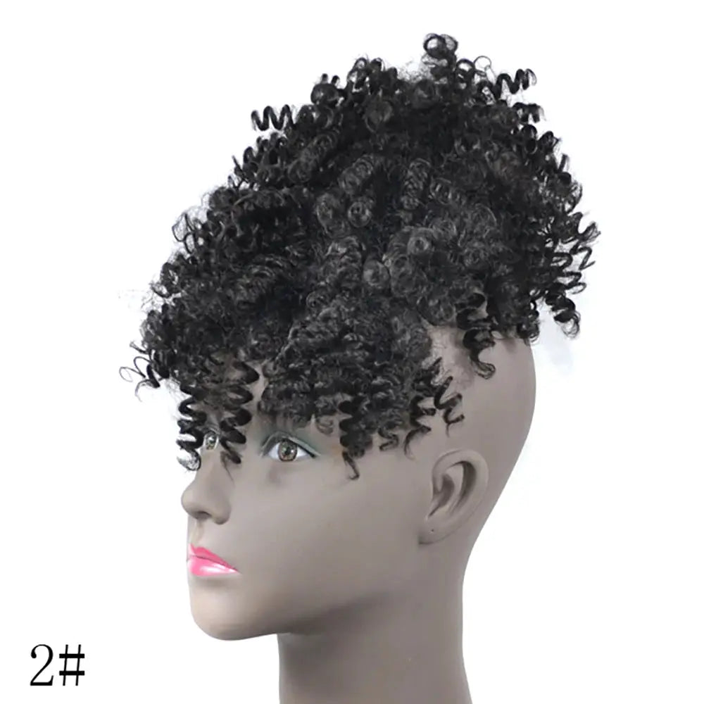 Afro Puff Updo Drawstring Ponytail Wig with Bangs, black kinky-curly synthetic hair by Simples Market