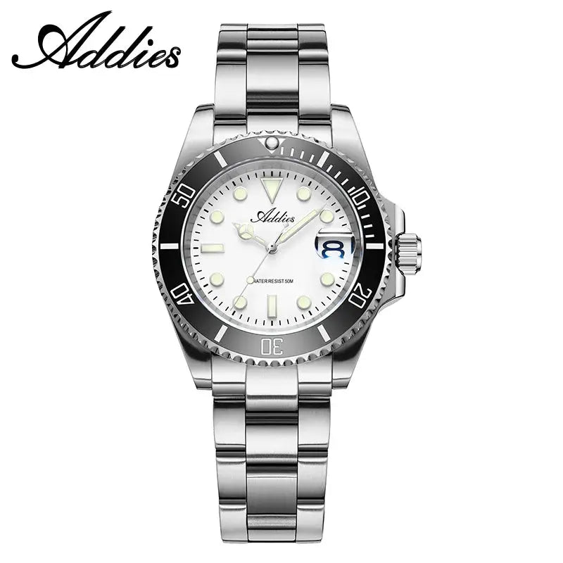 Adddies women's stainless steel watch with ceramic bezel, white dial, luminous markers, 50m water resistant.