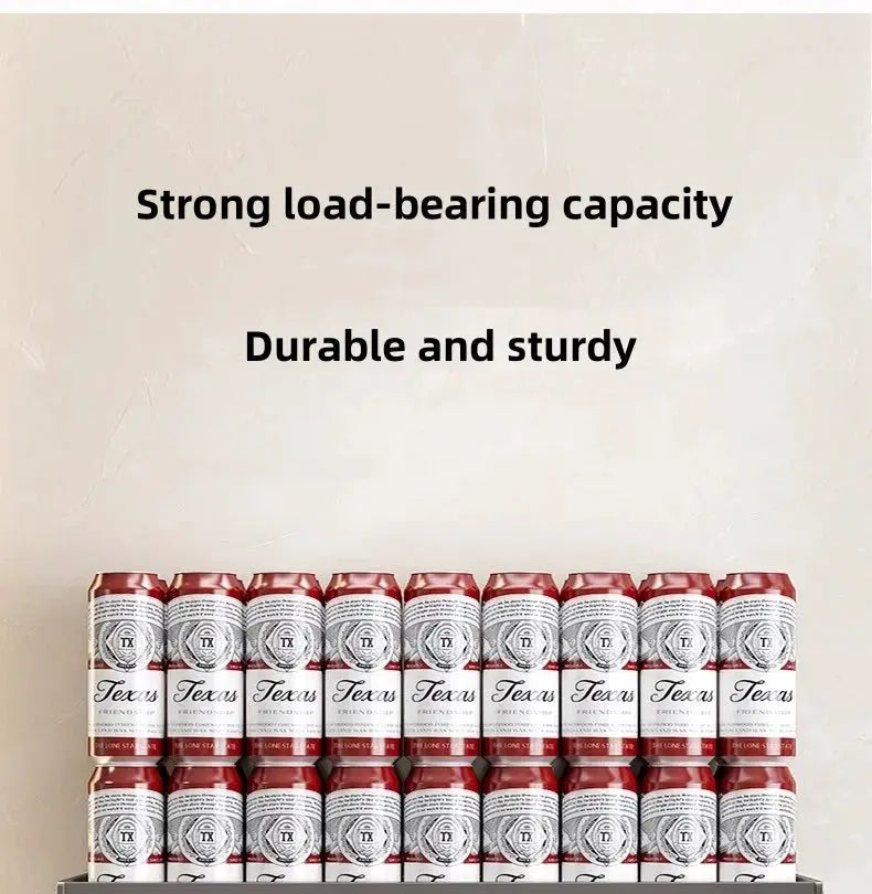 Beer cans labeled Texas on a metal shelf with red caps and white labels