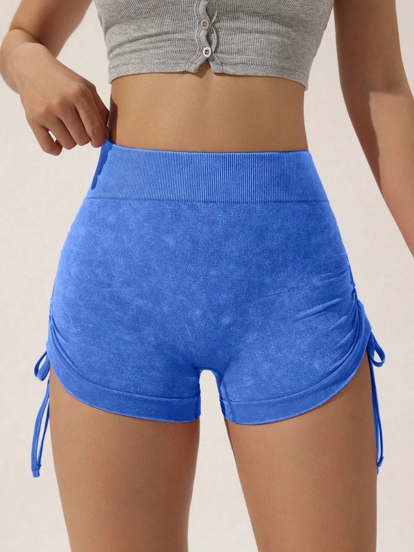 Drawstring frosted shorts for women in blue with high-rise waistband, Simples Market