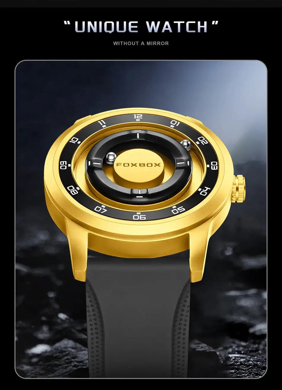 FOXBOX watch for men, gold-tone with black bezel and silicone strap.