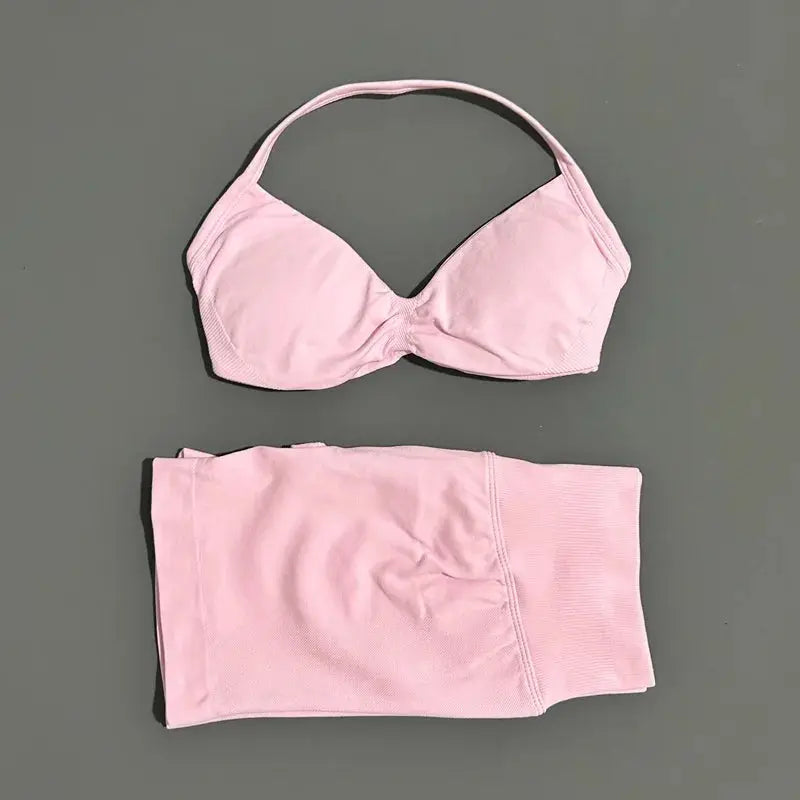 Histello 2 Piece Women Yoga Set Strappy Bra Top Scrunch Shorts