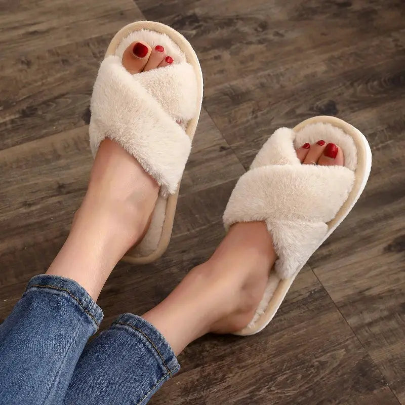Autumn Fashion Cross Strap Faux Fur Slippers For Women Indoor Light Warm Plush Home Shoes Flat Heel