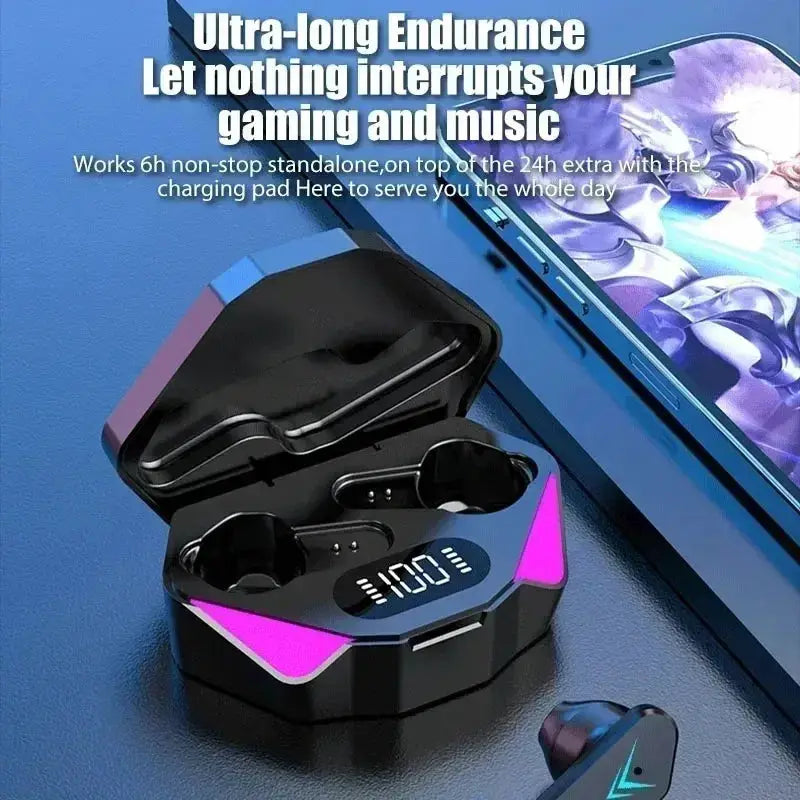 Bluetooth TWS gaming earphones pair with built-in mic in black, charging case with LED indicator lights.