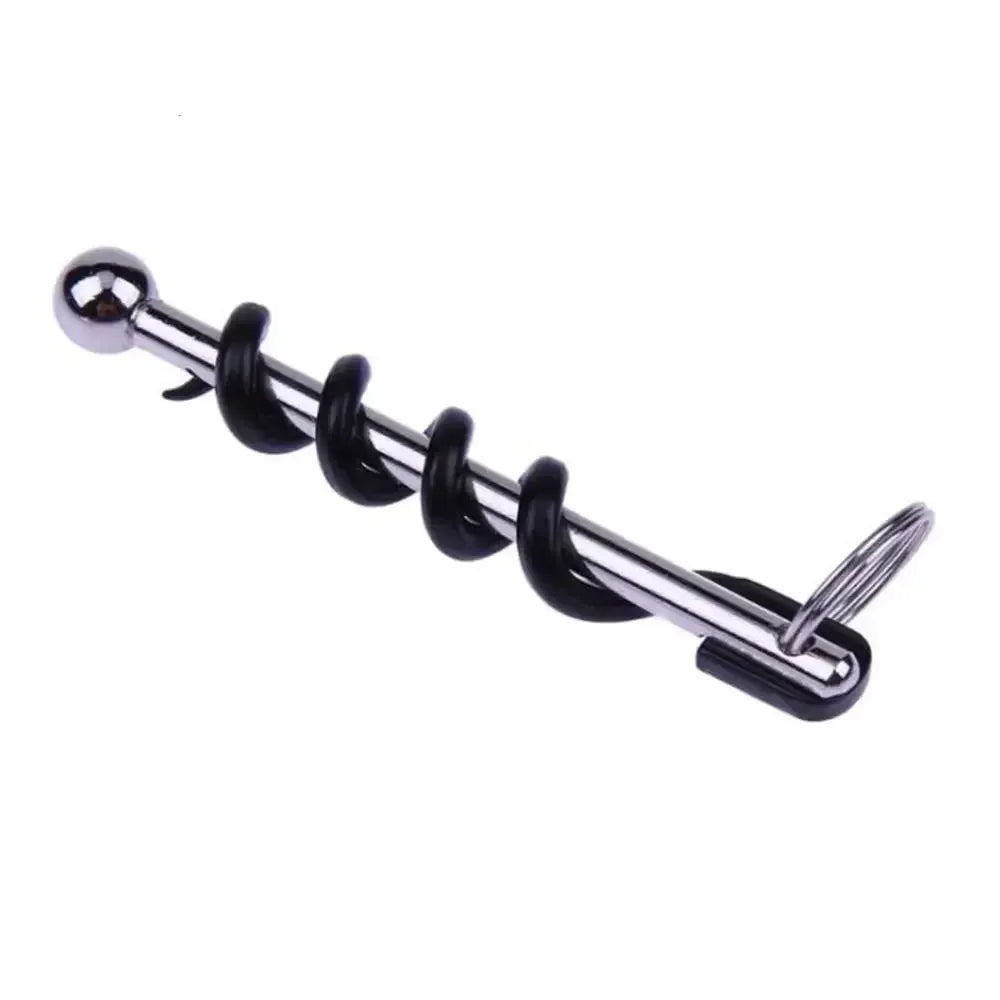 Simples Market corkscrew bottle opener keyring, stainless steel rod with black spiral, camping multi-tool.
