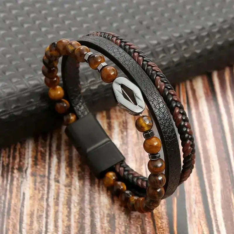 Classic Mens Leather Bracelet Hand Woven Multi Layer Style Fashion Jewelry For Men Durable Casual Accessory