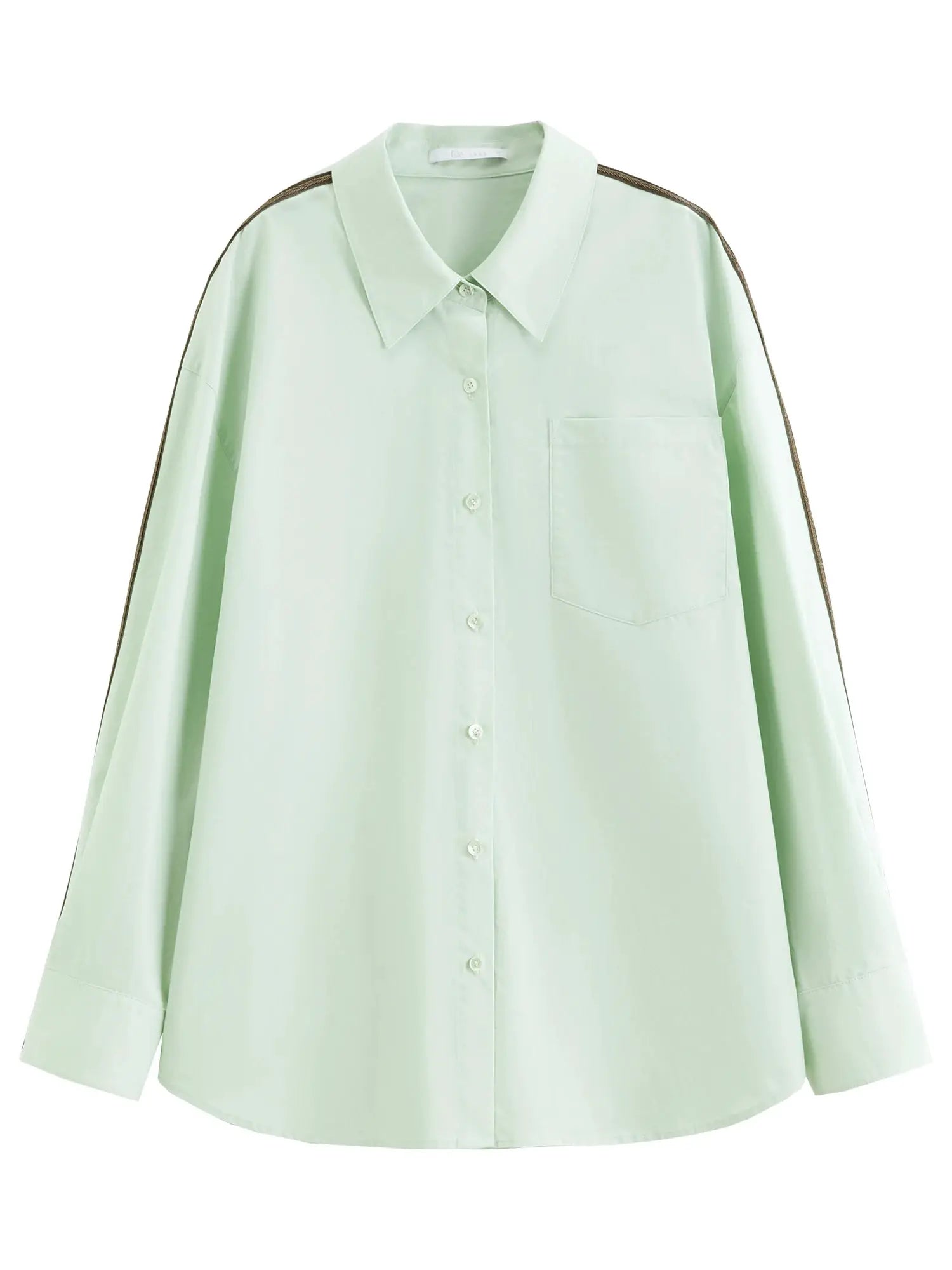 Shirt: mint green oversized cotton button-down with shoulder web strap detail and front pocket