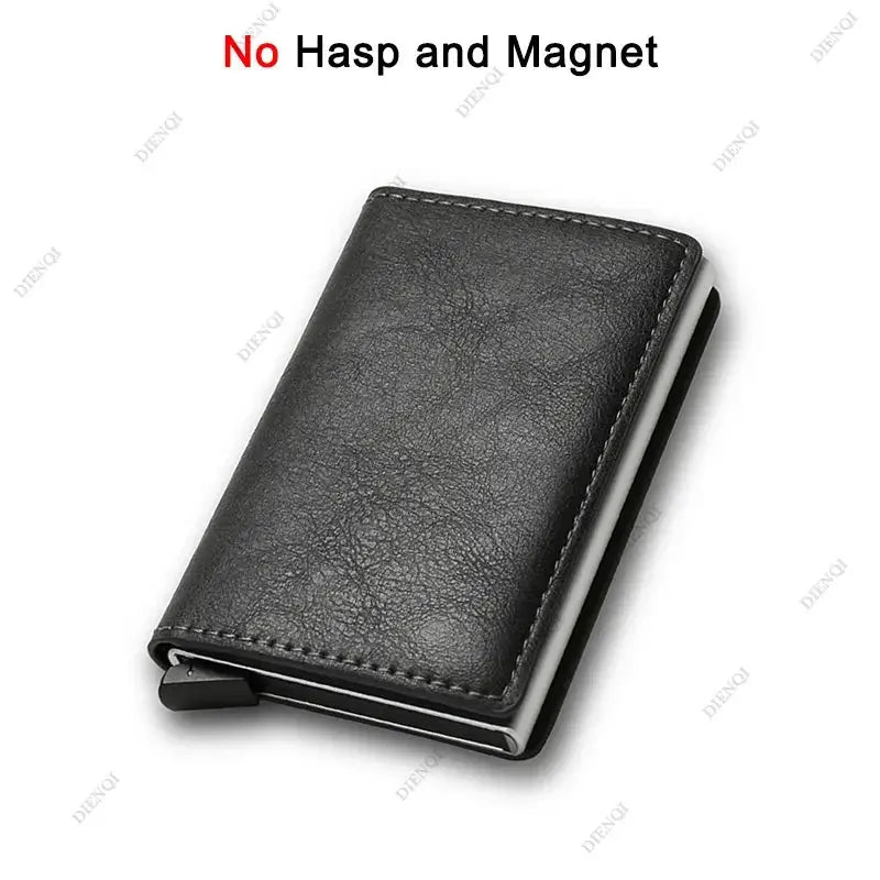 Anti-RFID card holder wallet, black leather with mini pop-up card mechanism