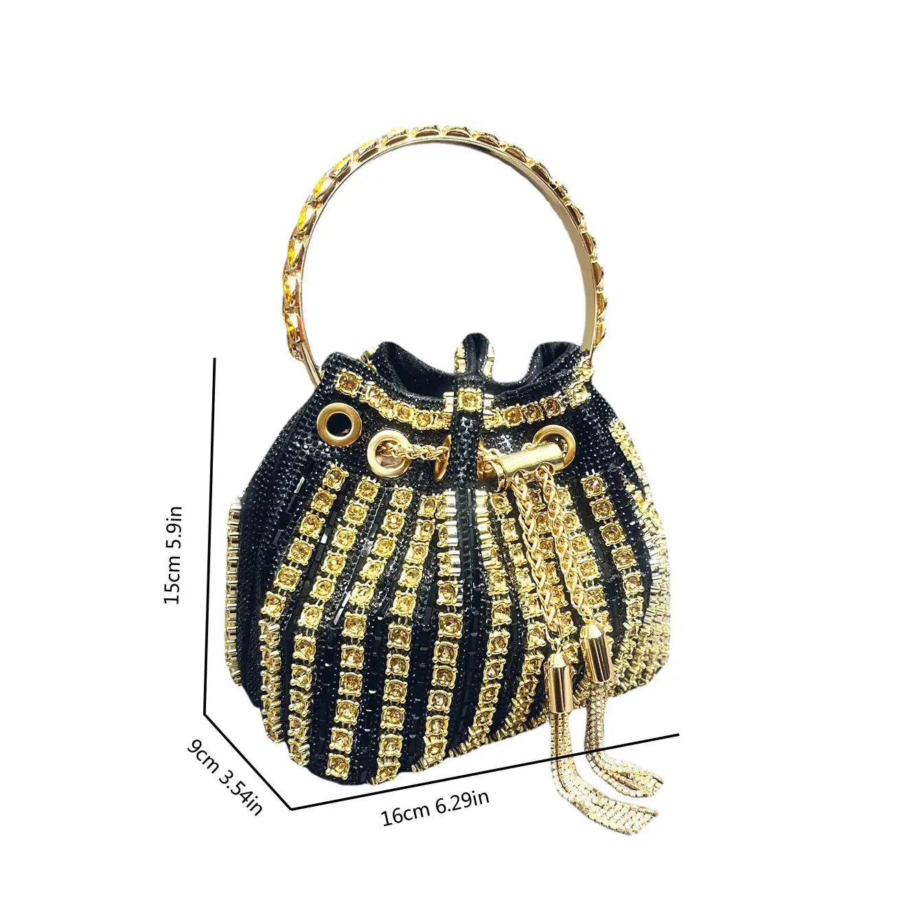 Simples Market luxury bucket handbag with crystal rhinestones, gold ring handle, black beaded bag for evening wear