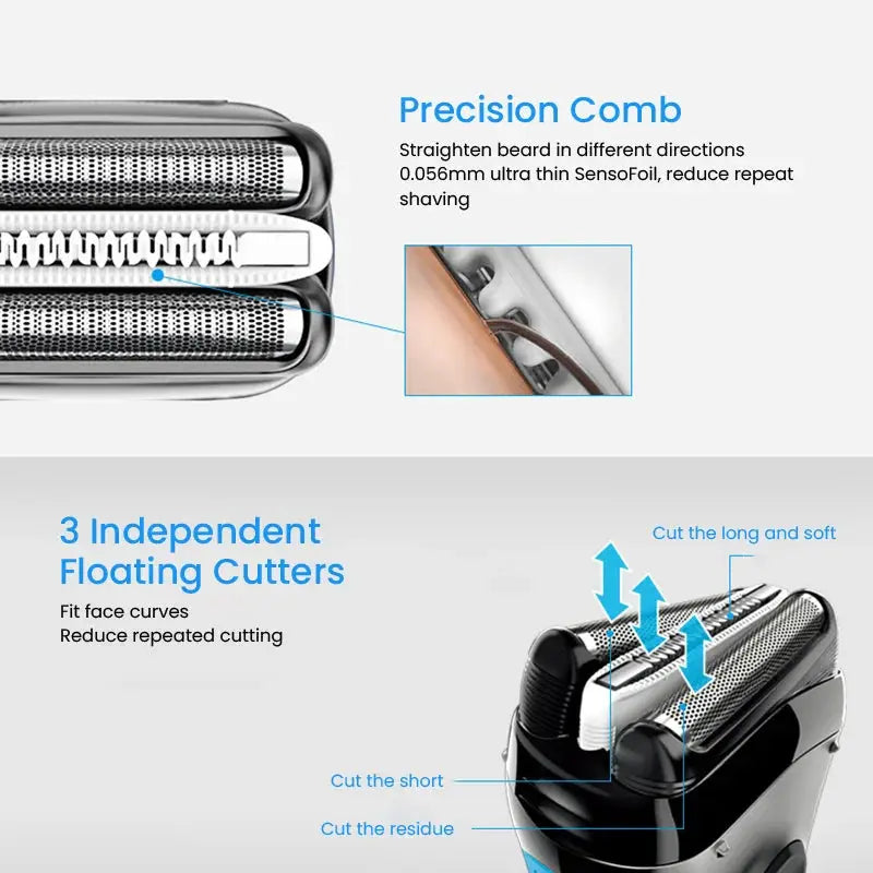 Braun electric shaver 3 Series ProSkin 3040S with trimmer showing precision comb and three independent floating cutters