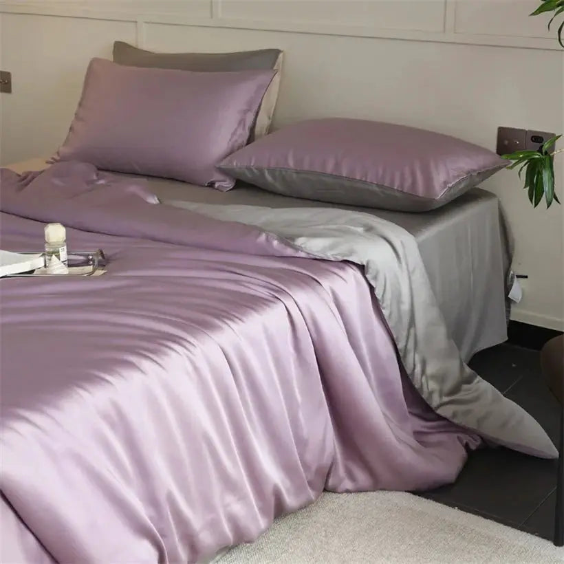 Mulberry Silk Bedding Set by Simples Market in lavender pink; 100% silk duvet cover, sheets and pillowcases