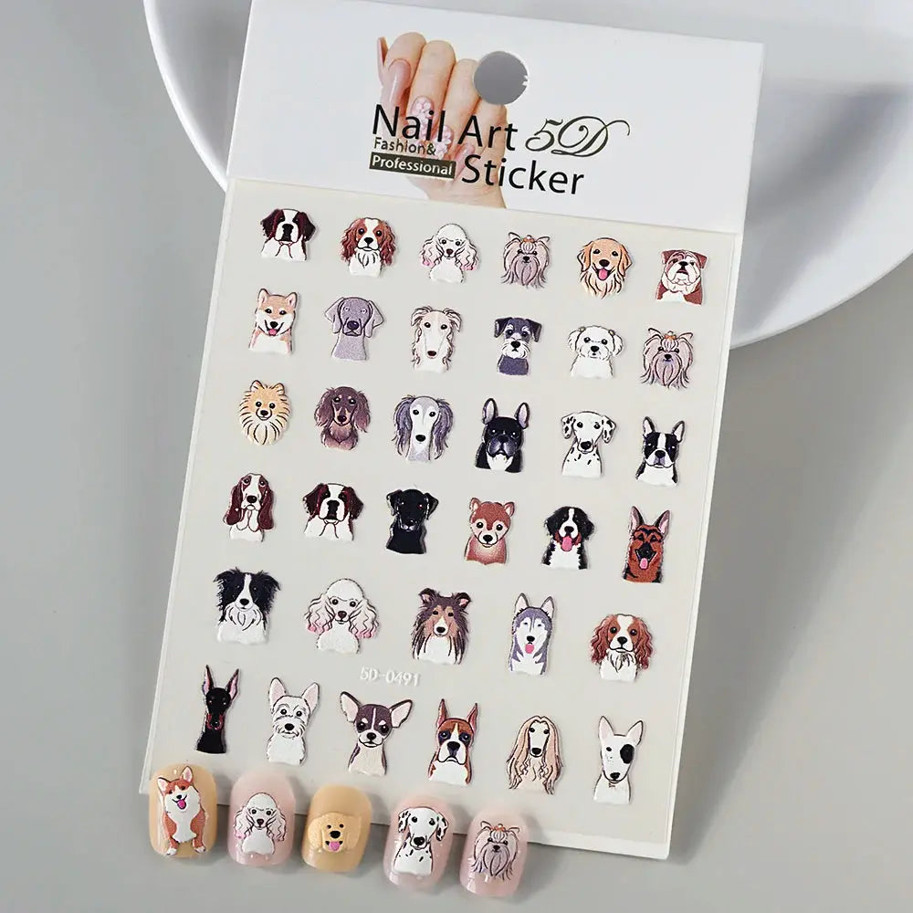 Dog nail art sticker sheet with 5D assorted breed faces for manicure decor Simples Market