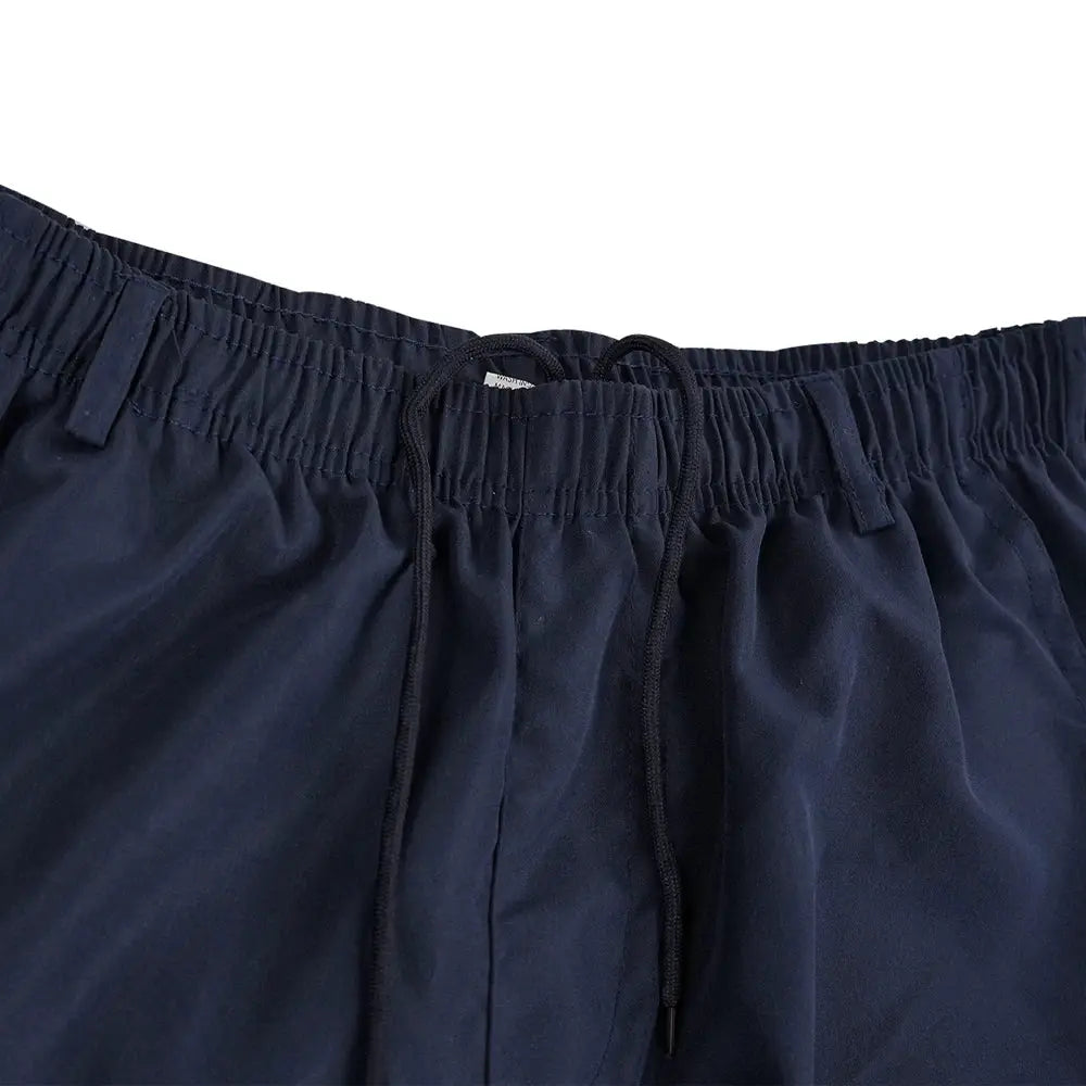 Men's navy blue shorts with elastic waistband and drawstring