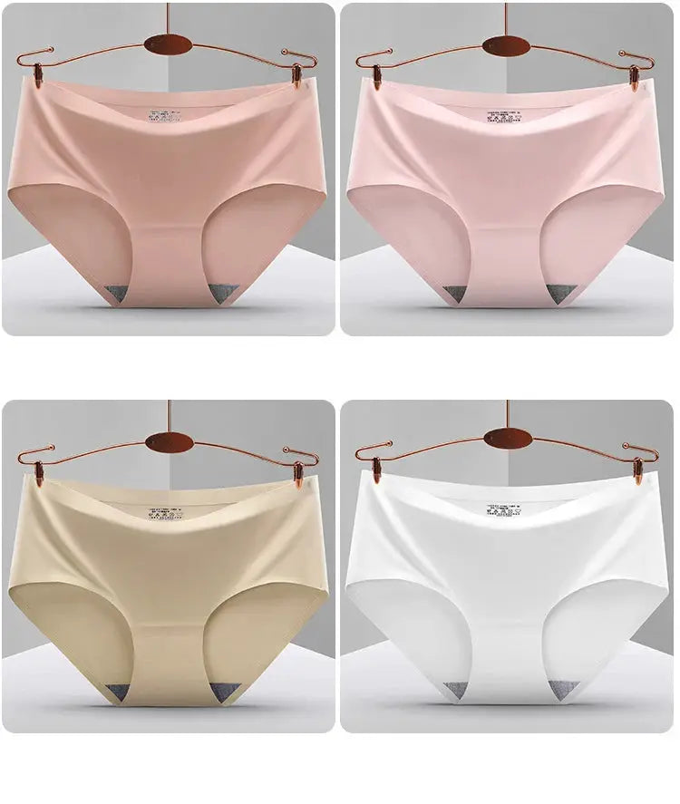 Seamless women's panties 4-pack in pink, beige, white; breathable silk satin briefs