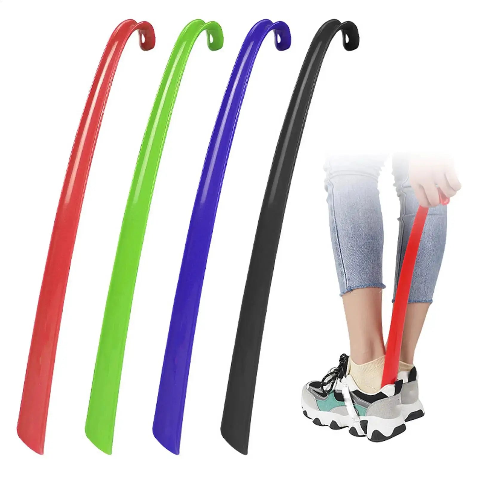 Plastic extra-long shoehorns by Simples Market in red green blue and black; 4-color set helps wearers slip on sneakers.