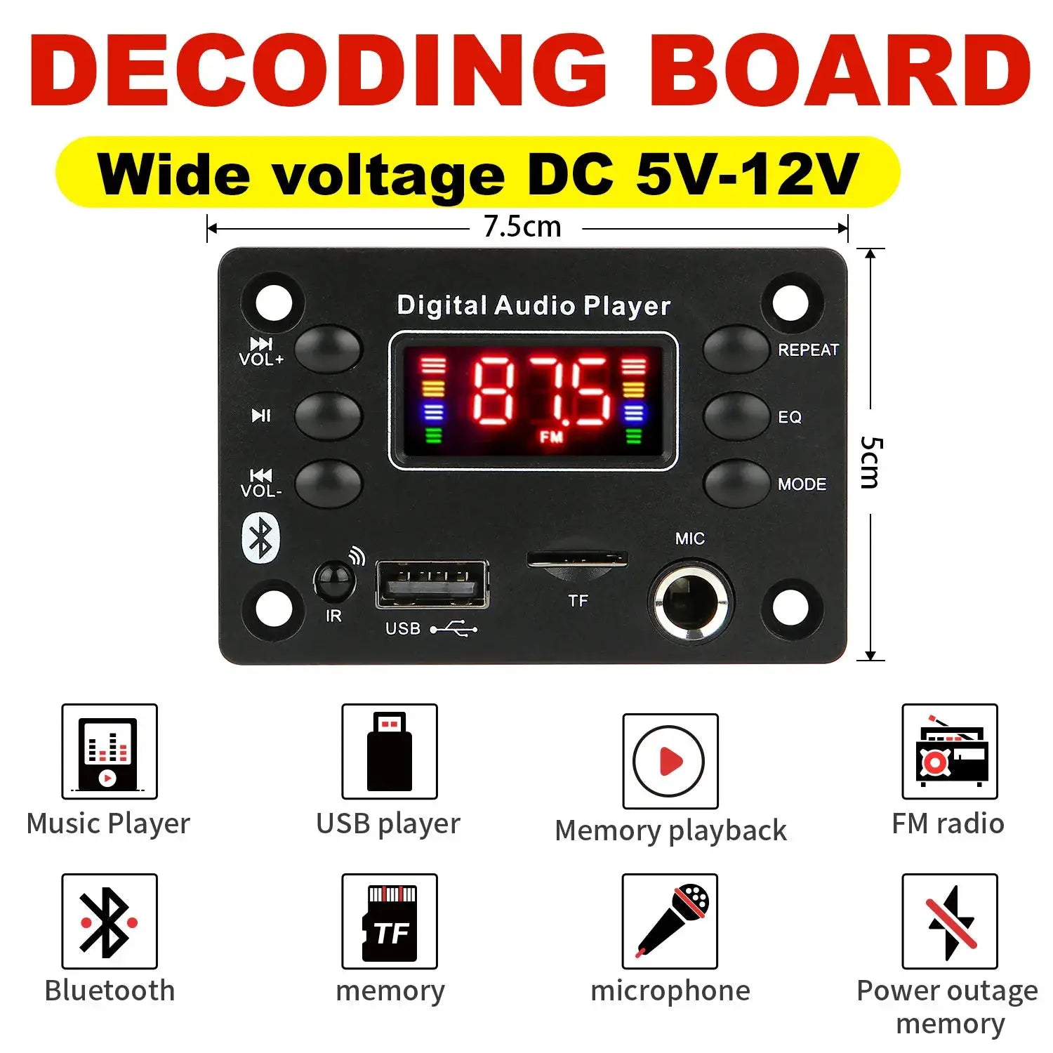 DC 12V Bluetooth 5 Point 0 MP3 WMA WAV APE Decoder Board Hands Free Car Audio USB TF Card FM Radio MP3 Player Speaker