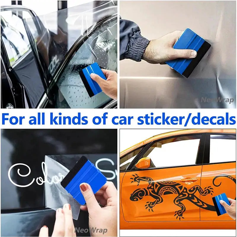 Blue felt-edge squeegee tool for window tinting, vinyl wrap, and wallpaper smoothing