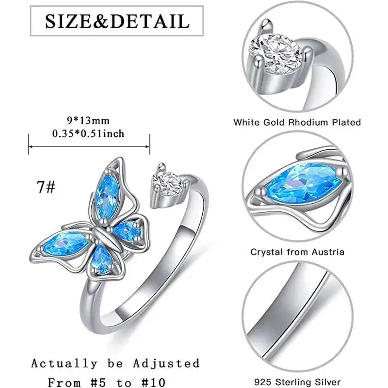 SMJEL Fidget Spinner Ring for Women Crystal Flower Eye Butterfly Animal Motifs Stress Relief Wedding Jewelry