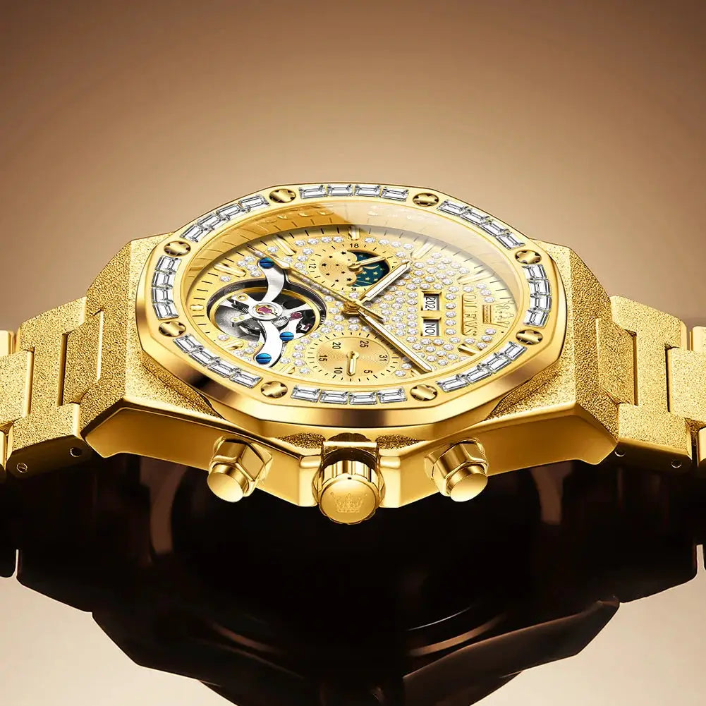 OLEVS gold steel men's luxury tourbillon watch with diamond bezel and skeleton dial