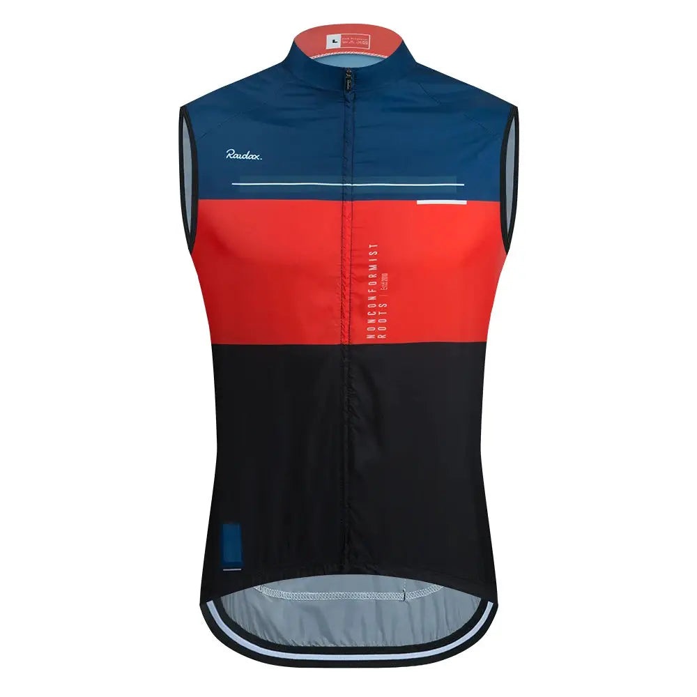 Raudax men's sleeveless cycling vest in blue, red and black with front zipper and mesh panels.