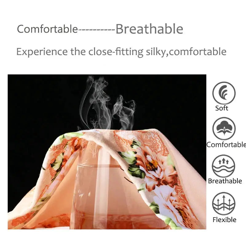Panties fabric with pink floral print draped over a stand; soft, breathable, flexible lingerie material