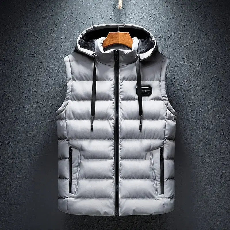 Simples Market men's gray cotton-padded sleeveless hooded puffer vest with front zipper and zip pockets