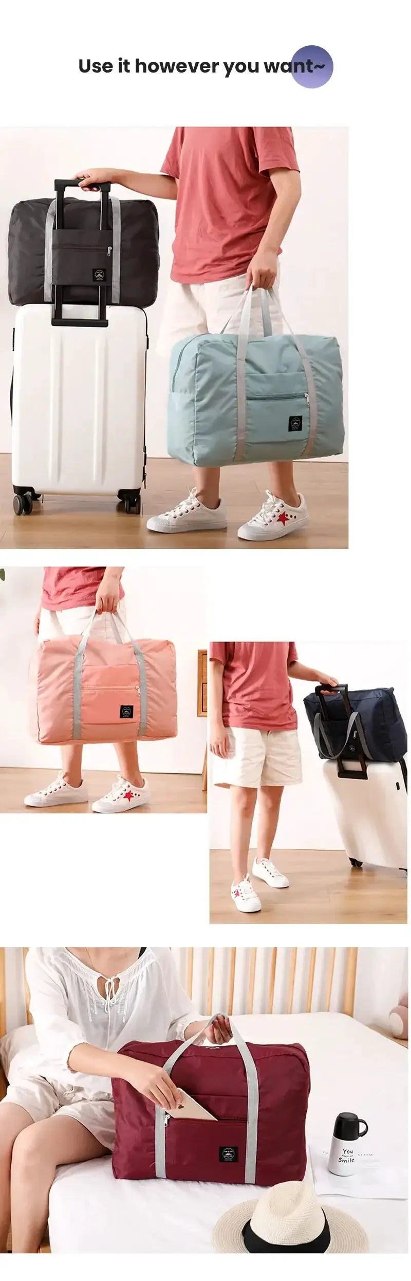 Simples Market foldable travel duffel bag set of four carry-on bags in black, light blue, peach and burgundy