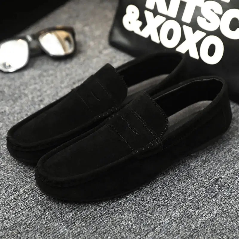 Men's black suede driving loafers; casual slip-on work shoes.