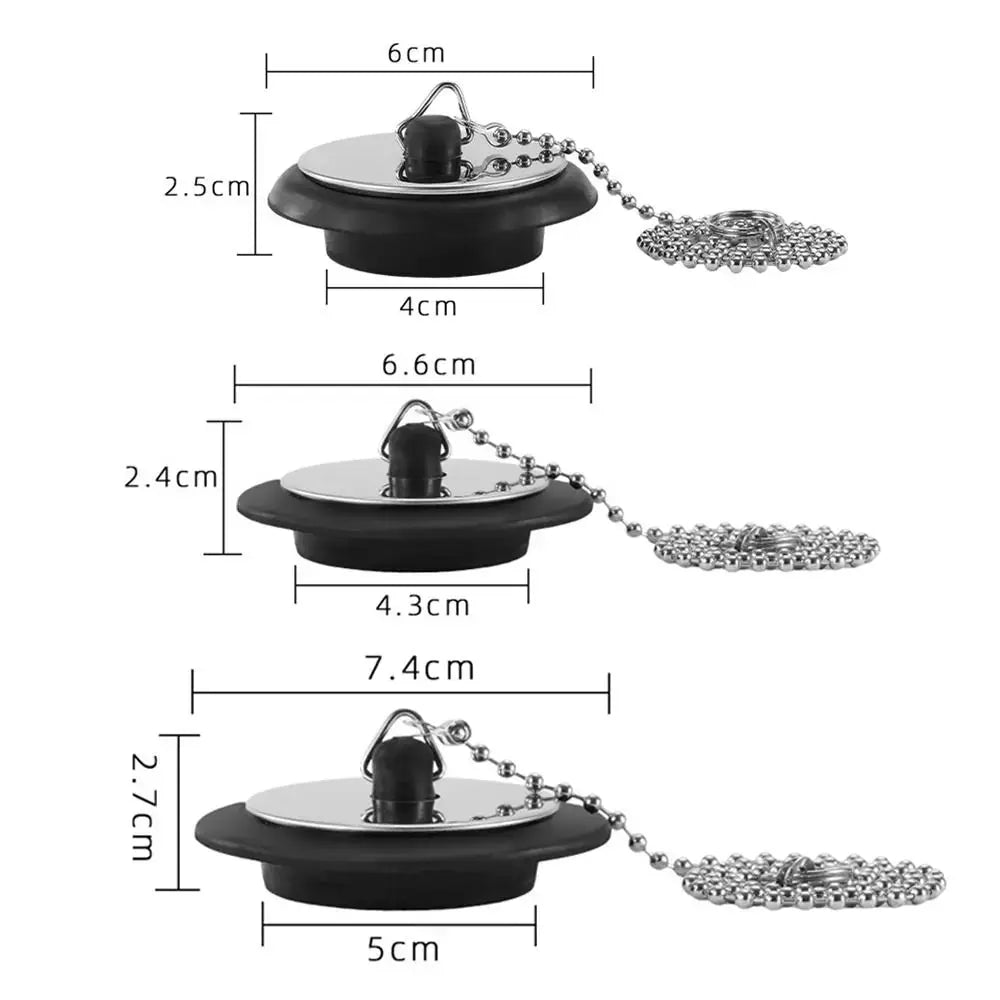 Rubber tub stopper with chain for universal drain, black Simples Market set of 3 in 4/4.3/5 cm