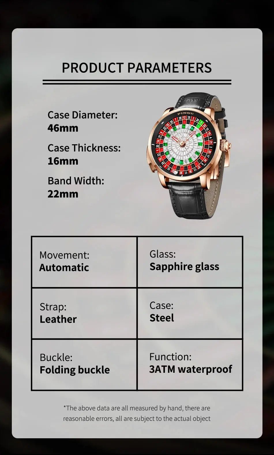 PINDU NH35A mechanical men's watch; gold-tone case, black leather strap, diamond dial, sapphire glass