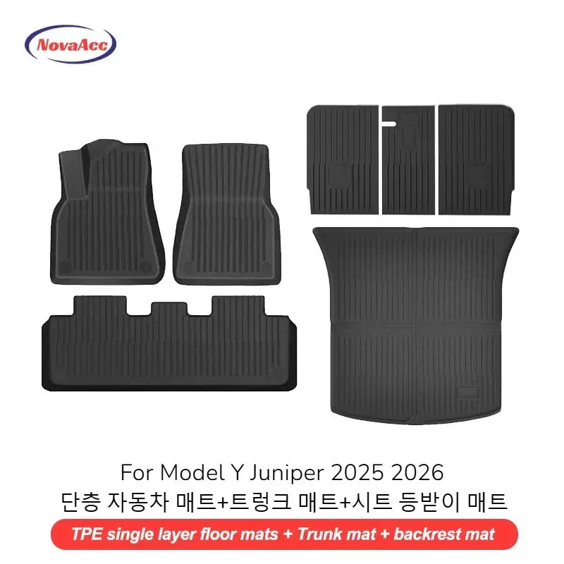 NovaAcc floor mats set for Tesla Model Y Juniper 2025–2026; TPE all-weather trunk and backrest mats included