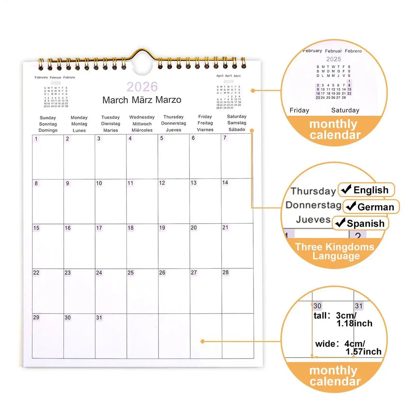 Simples Market 2026 wall calendar coil planner; multilingual monthly calendar with English, German, Spanish days