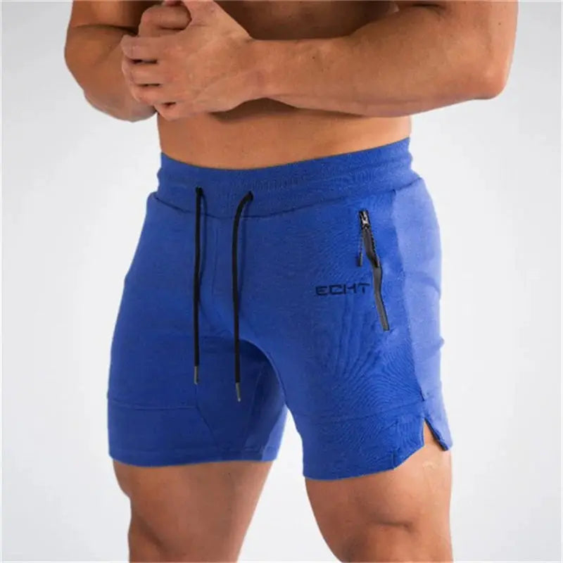Men's blue mesh gym shorts with zip pocket and drawstring.