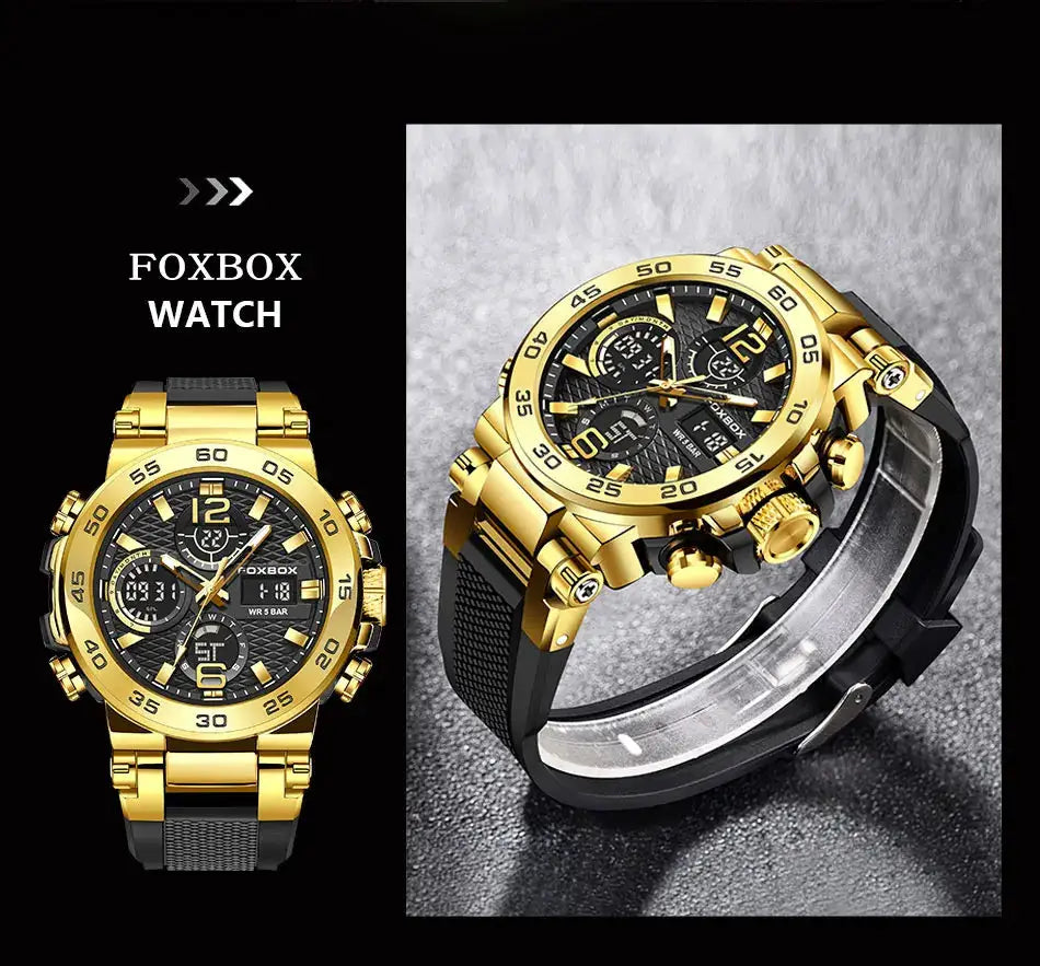 FOXBOX gold-tone men's luxury sport chronograph watch with black dial, boxed