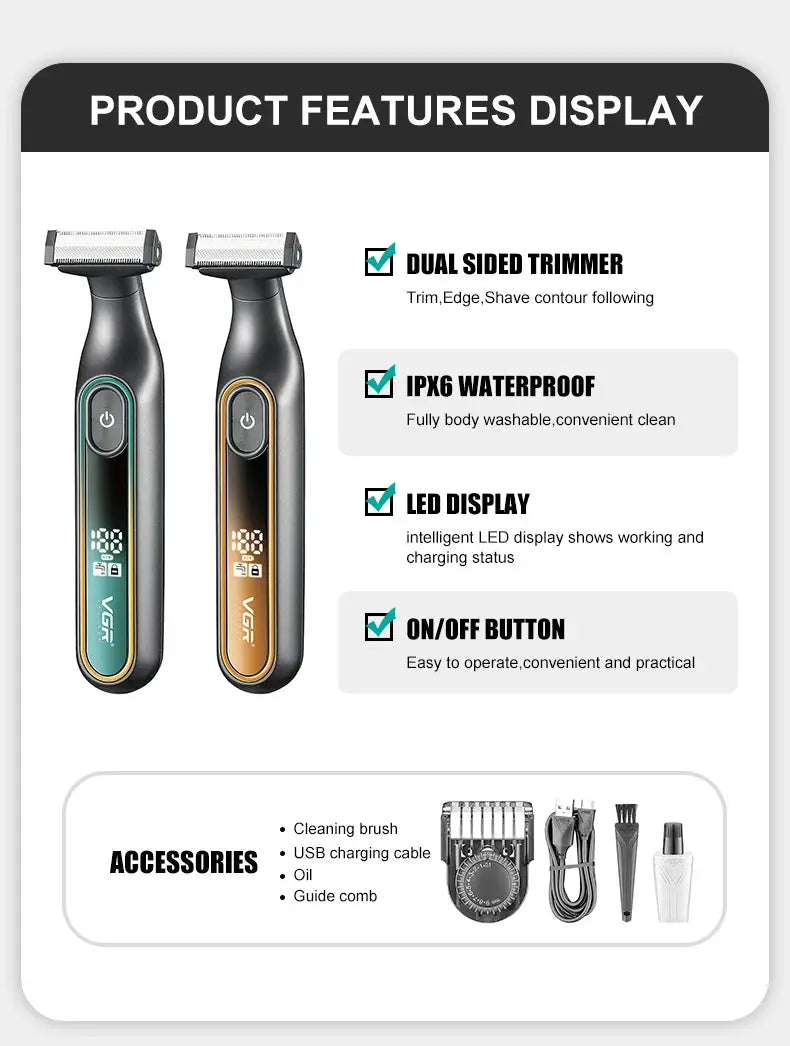 VGR 360 hair trimmer set by Simples Market, 2 dual‑sided trimmers, IPX6 waterproof with LED display