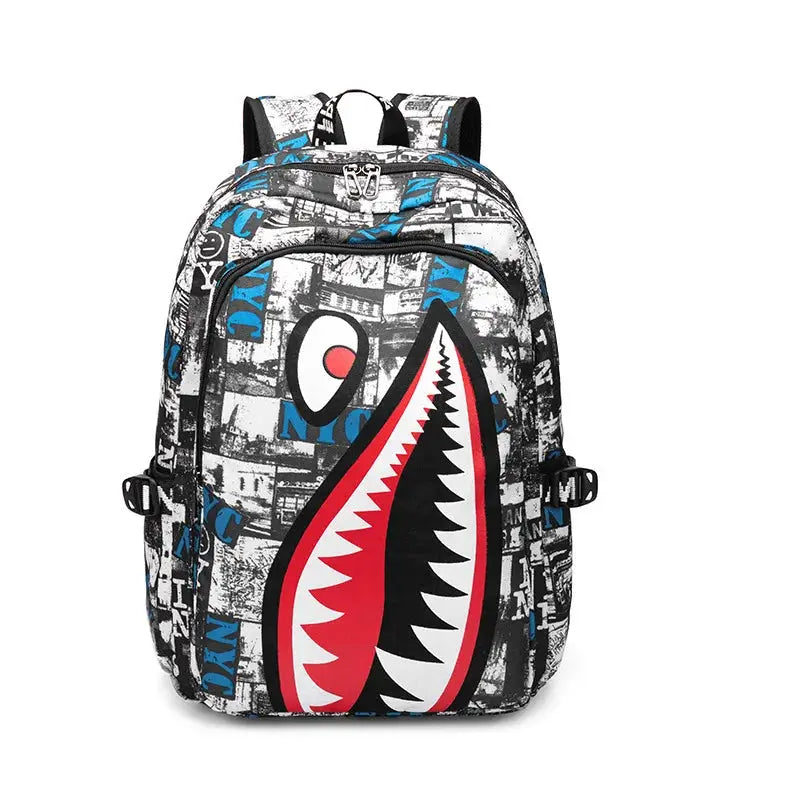 Backpack elementary school bookbag with cartoon shark mouth print in black, white, red and blue by Simples Market