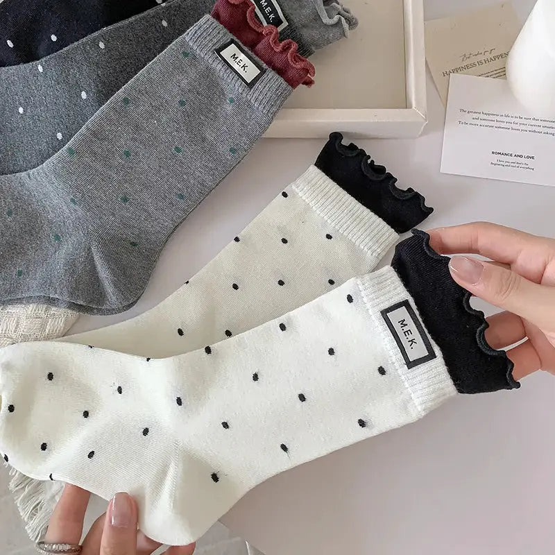 PreppySteps Womens Dots Pattern Frilly Long Socks Breathable Combed Cotton Everyday Comfort