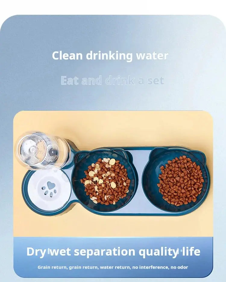 Pet bowls with water feeder, blue twin bowls and gravity water bottle set for dry food and water
