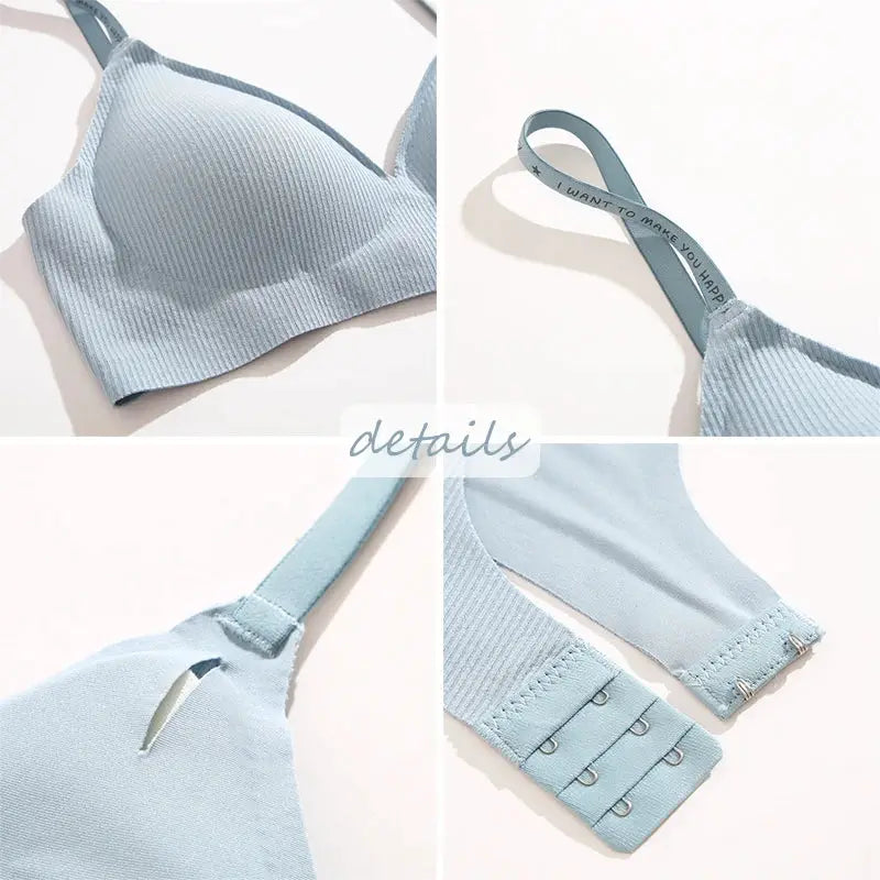 FINETOO women's wireless bralette in light blue ribbed knit with padded cups and adjustable straps
