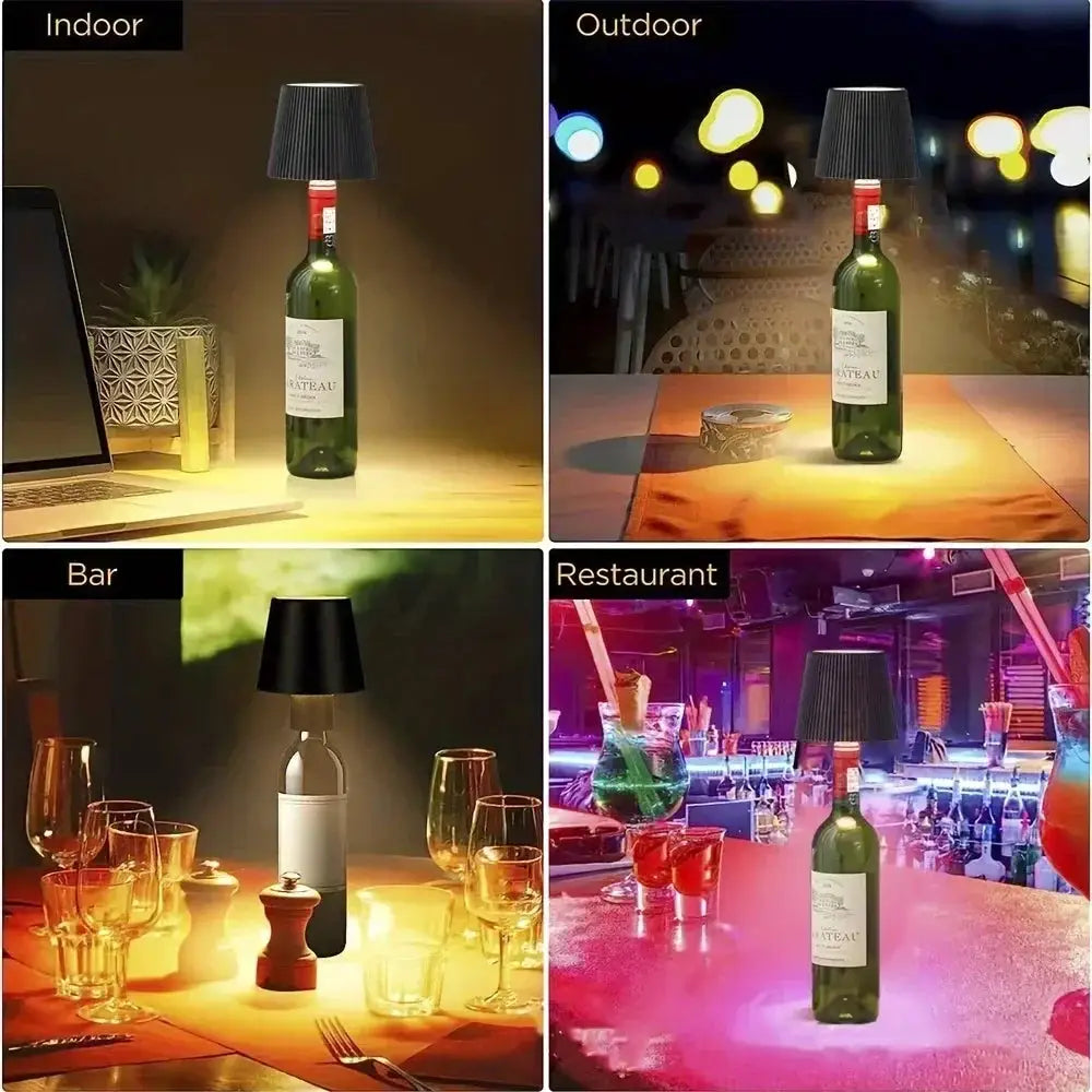 LED wireless wine bottle lamp with black shade on green bottle; ideal for indoor, outdoor, bar, restaurant