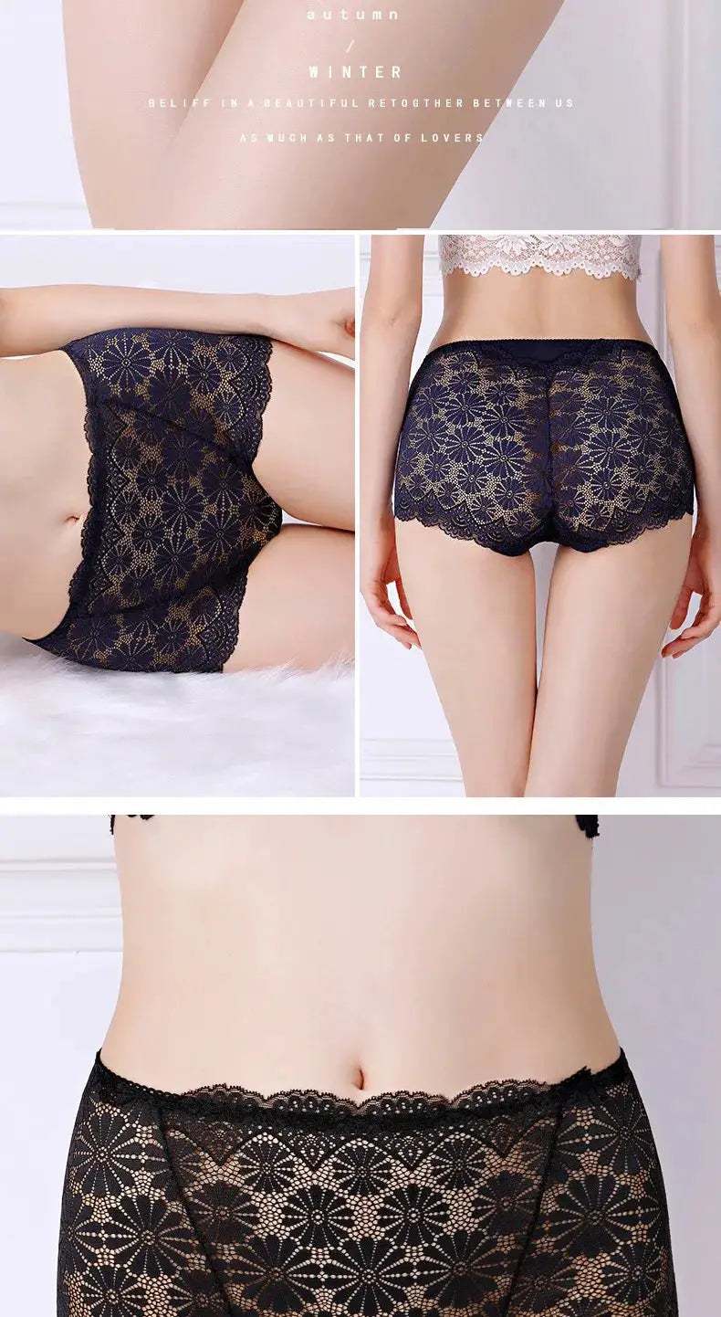 Women's lace high-waisted panties from Simples Market, navy floral hollow-out lace, plus size