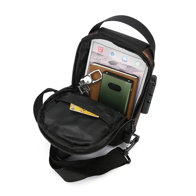 Men's anti-theft chest bag crossbody with USB charging port, black, Simples Market