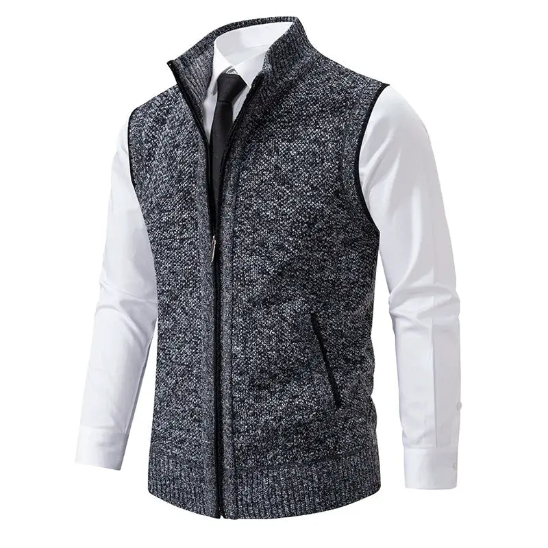 Men's knit vest with stand collar in dark marled gray, zip front sleeveless waistcoat by Simples Market