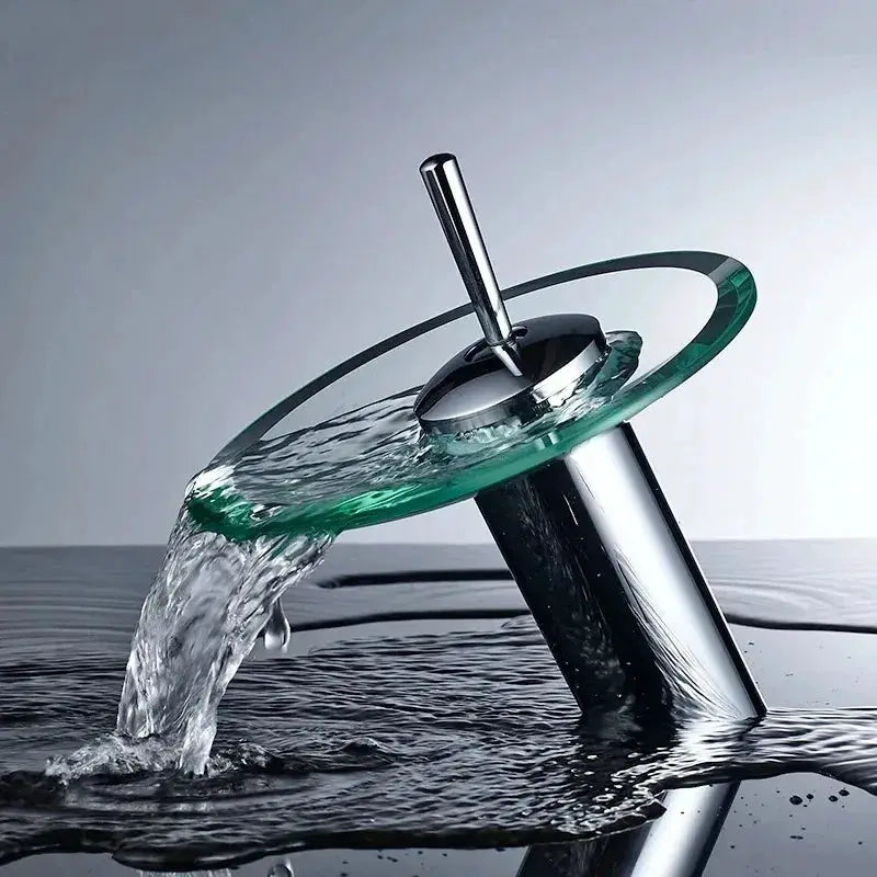 Bathroom faucet with chrome body and green glass waterfall disc by Simples Market