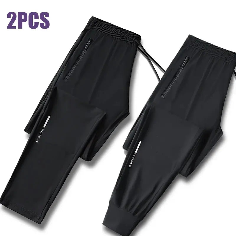 2PCS Simples Market men's ice silk pants, black, quick-dry with zip pockets