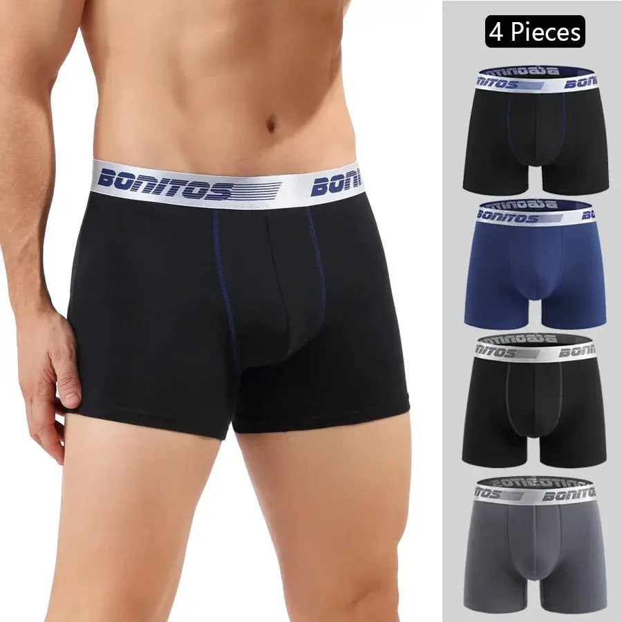 Men's 4-piece boxer shorts set, cotton underwear with Bonitos waistband by Simples Market in assorted colors.