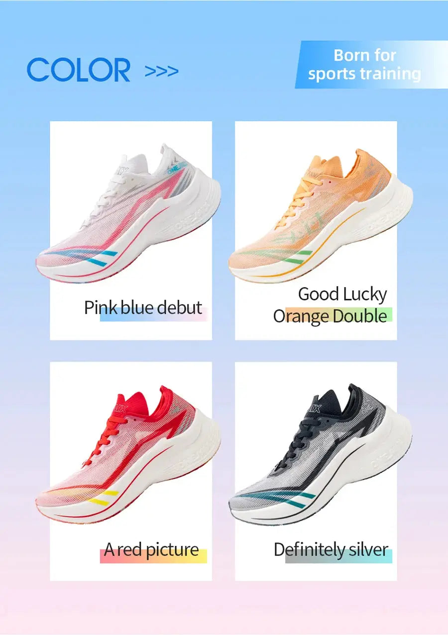 ONEMIX 2026 carbon-plate marathon running shoes by Simples Market, four colorways: pink/blue, orange, red, silver